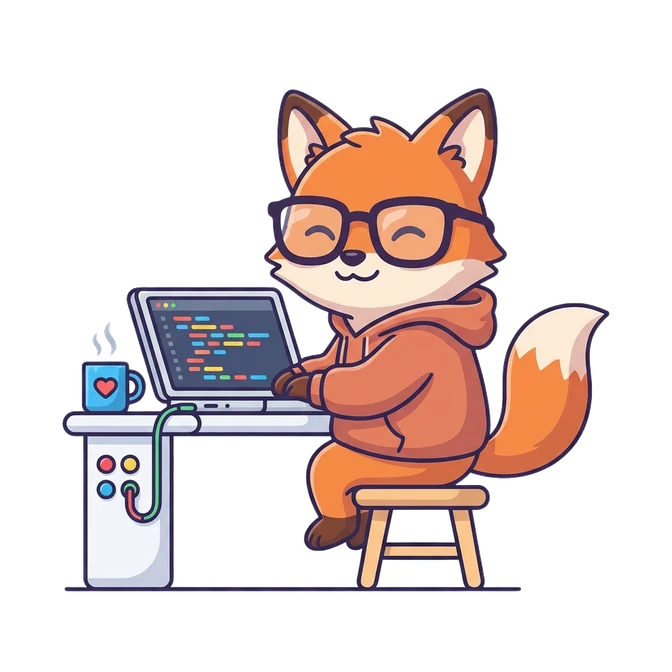 The fox mascot at a laptop